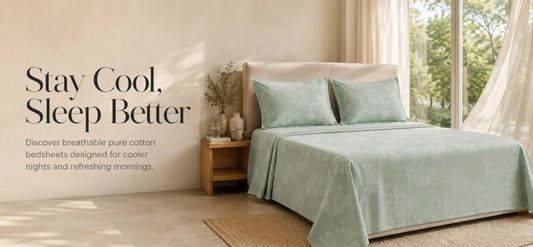 Premium 100% cotton sage green king size bedsheet in a luxury modern bedroom – breathable, soft, and designed for cooler, comfortable sleep by Fortune Living Decor.