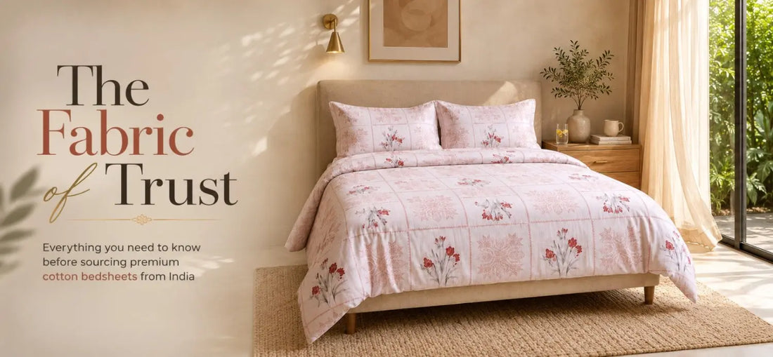 Premium 100% cotton pink floral king size bedsheet in a luxury modern bedroom – soft, breathable, and beautifully crafted by Fortune Living Decor.