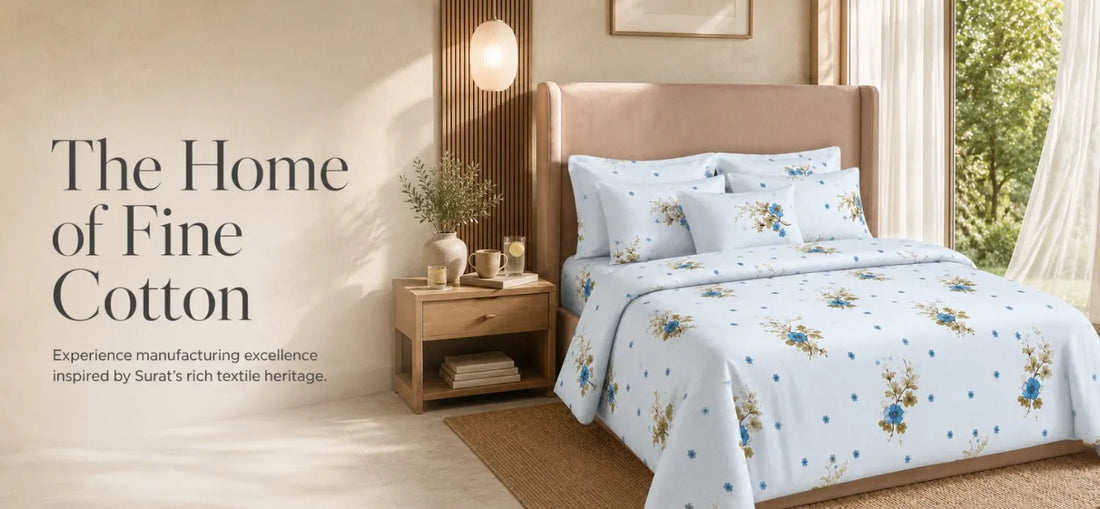 Premium 100% cotton white king size bedsheet with elegant blue floral print in a luxury modern bedroom – soft, breathable, and beautifully crafted by Fortune Living Decor.