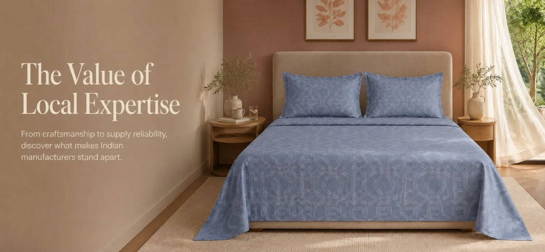 Premium 100% cotton blue geometric king size bedsheet in a luxury modern bedroom – soft, breathable, and expertly crafted by Fortune Living Decor.