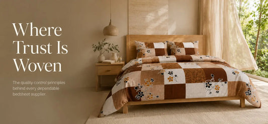 Premium 100% cotton brown checkered floral king size bedsheet in a modern luxury bedroom by Fortune Living Decor.