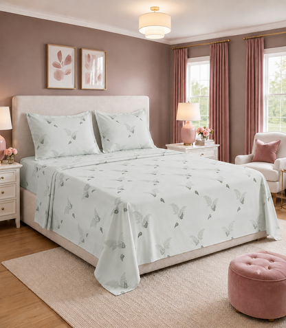 Elite Weave Sage Fern King Size Cotton Bedsheet – Minimal Botanical Elegance