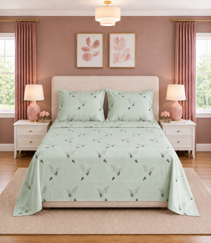 Elite Weave Sage Fern King Size Cotton Bedsheet – Minimal Botanical Elegance