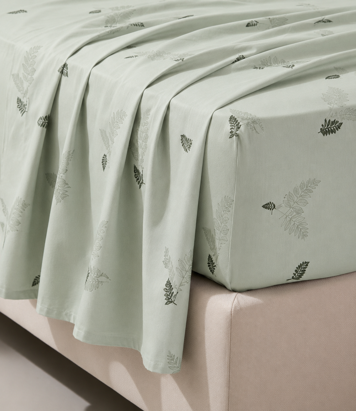 Elite Weave Sage Fern King Size Cotton Bedsheet – Minimal Botanical Elegance