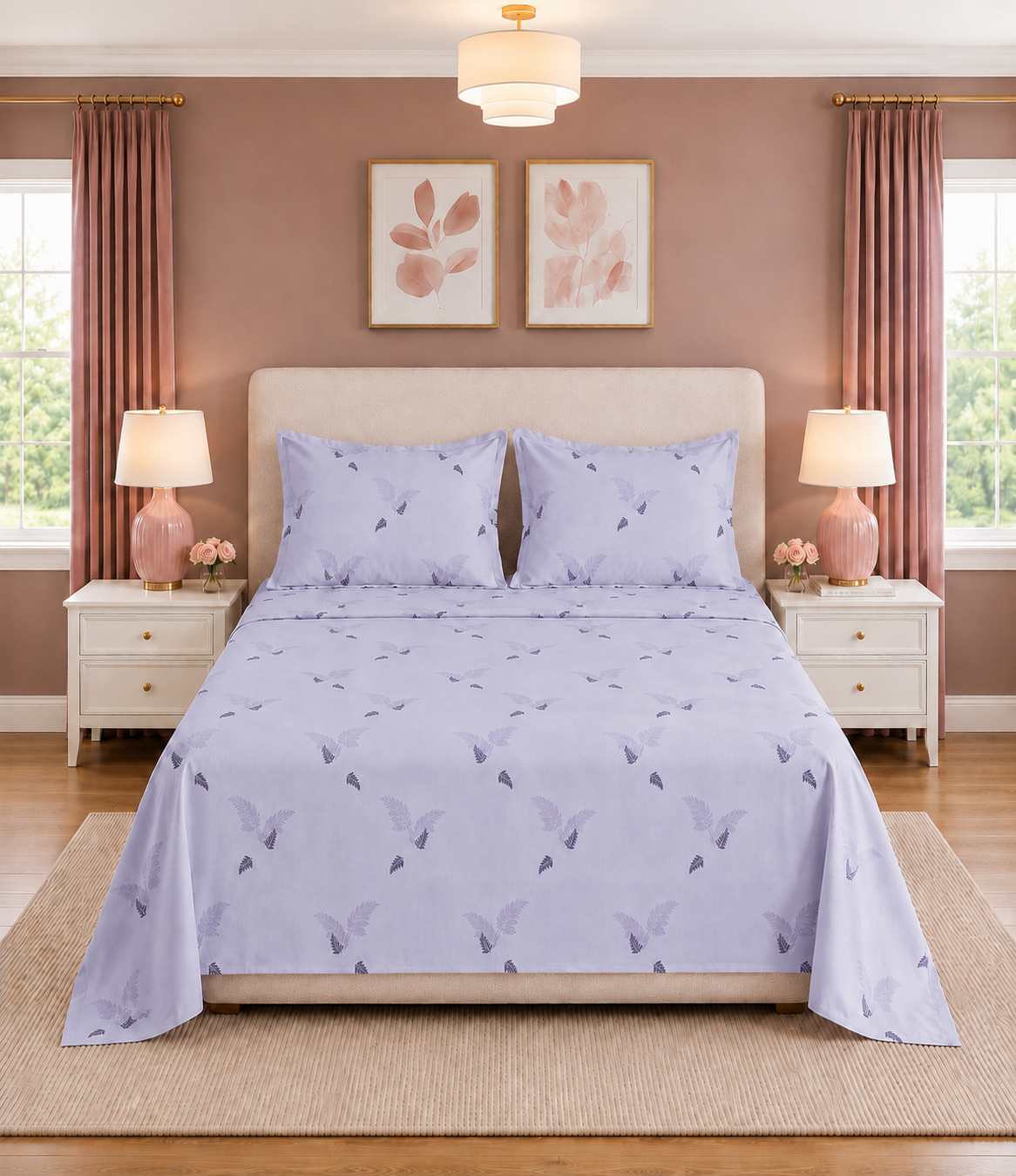 Elite Weave Lavender Fern King Size Cotton Bedsheet – Serene Botanical Elegance
