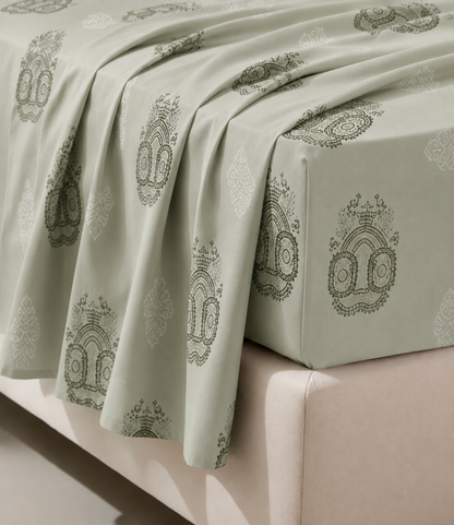 Elite Weave Sage Green Medallion King Size Cotton Bedsheet – Serene Elegance & Everyday Comfort