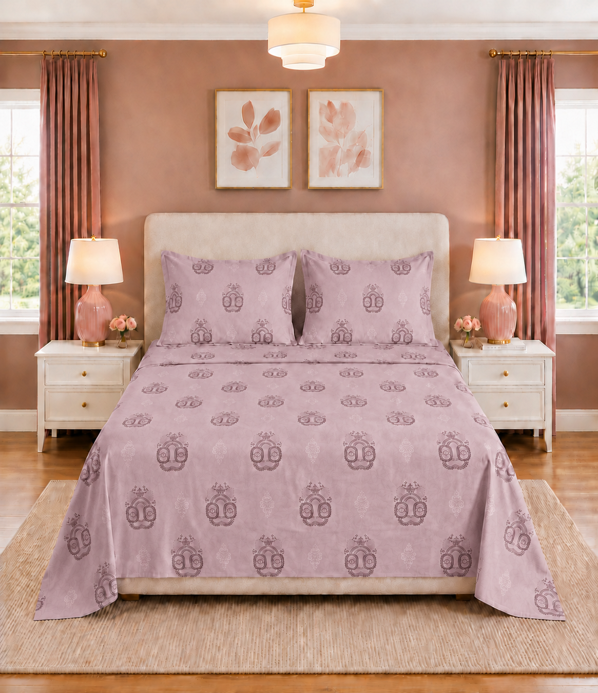 Elite Weave Dusty Rose Medallion King Size Cotton Bedsheet – Elegant Comfort & Timeless Style