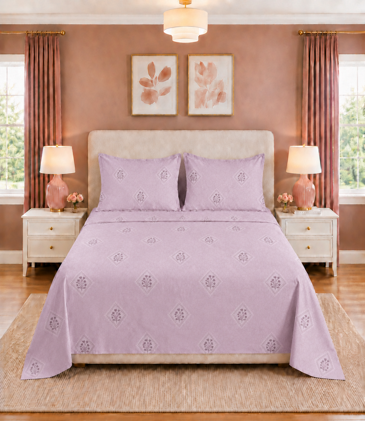 Elite Weave Lavender Floral Diamond King Size Cotton Bedsheet – Subtle Elegance & Everyday Comfort