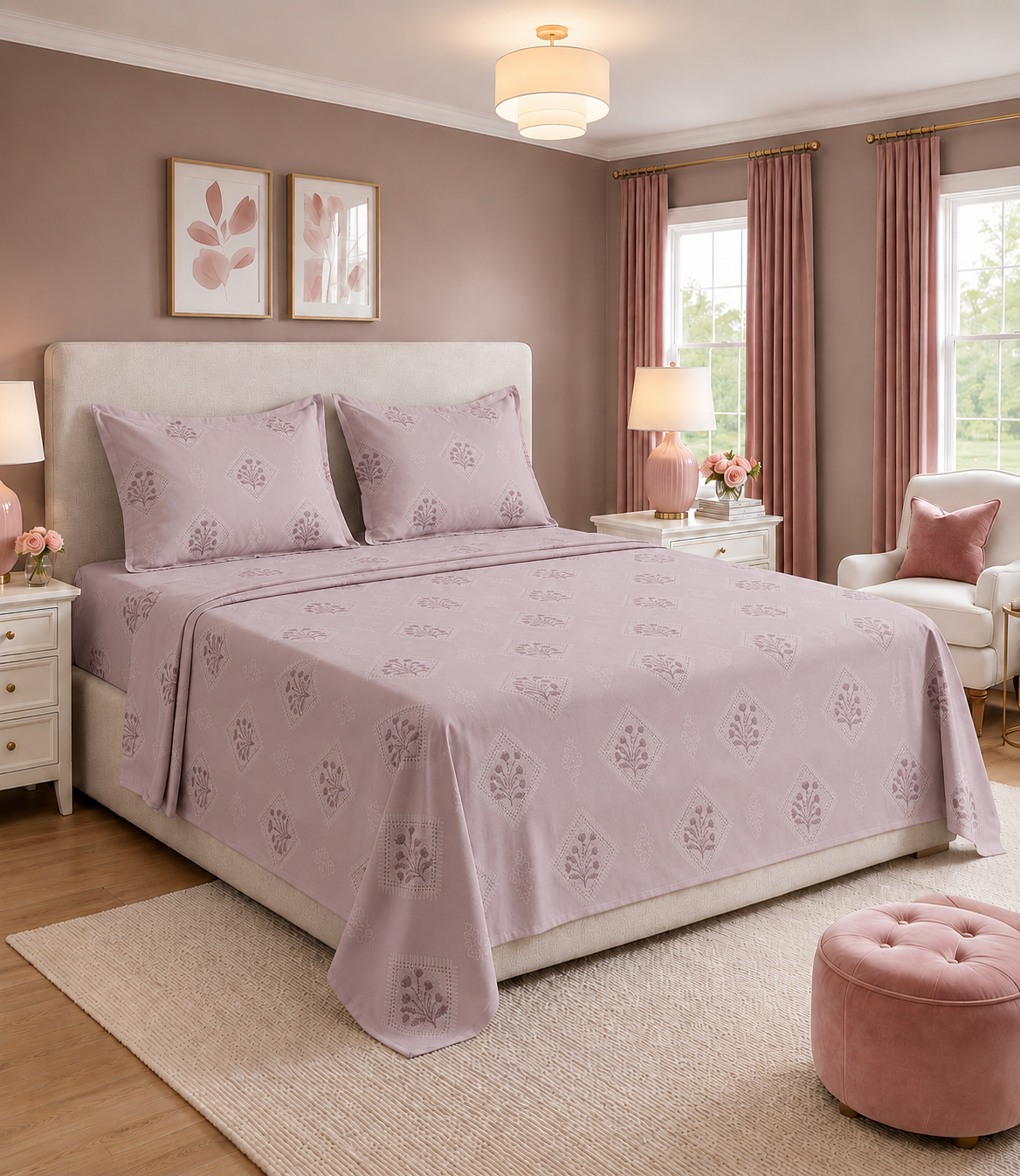 Elite Weave Blush Mauve Floral Diamond King Size Cotton Bedsheet – Soft Elegance & Everyday Comfort