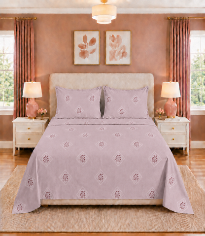Elite Weave Blush Mauve Floral Diamond King Size Cotton Bedsheet – Soft Elegance & Everyday Comfort