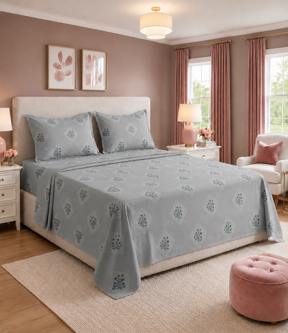 Elite Weave Silver Grey Floral Diamond King Size Cotton Bedsheet – Modern Elegance & Everyday Comfort