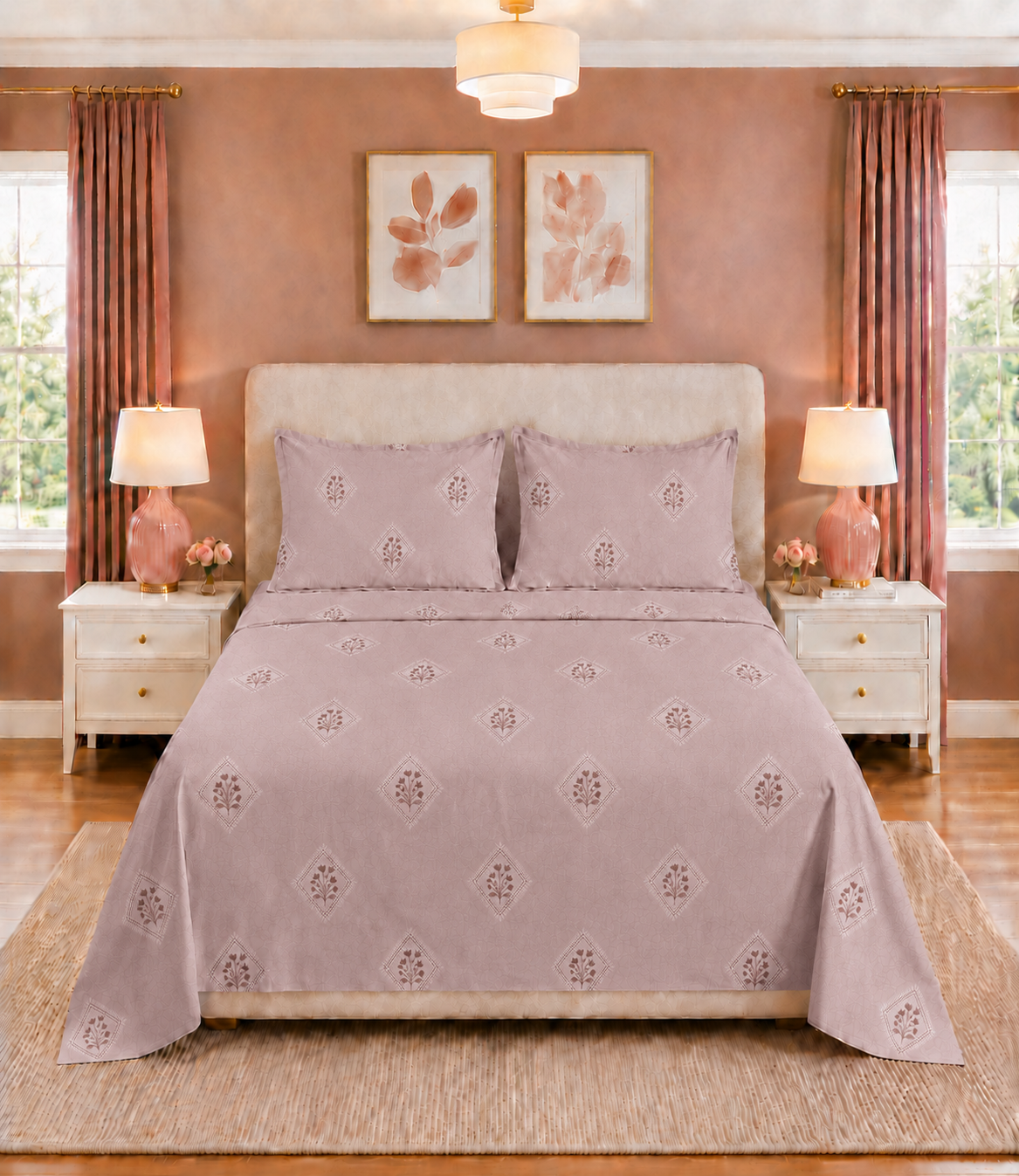 Elite Weave Rose Mist Geometric Floral King Size Cotton Bedsheet – Premium Comfort