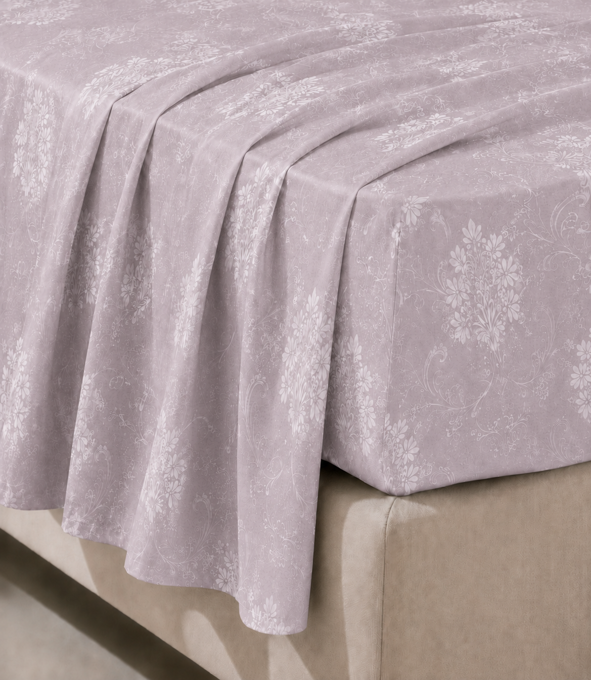 Close-up of the king size misty lilac cotton bedsheet showcasing its elegant white floral vine damask print, smooth texture, and graceful drape. Premium breathable fabric provides lasting comfort and timeless style.