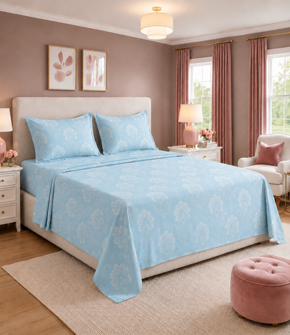 Elite Weave Sky Blue Floral Vine King Size Cotton Bedsheet – Refreshing Elegance & Everyday Comfort