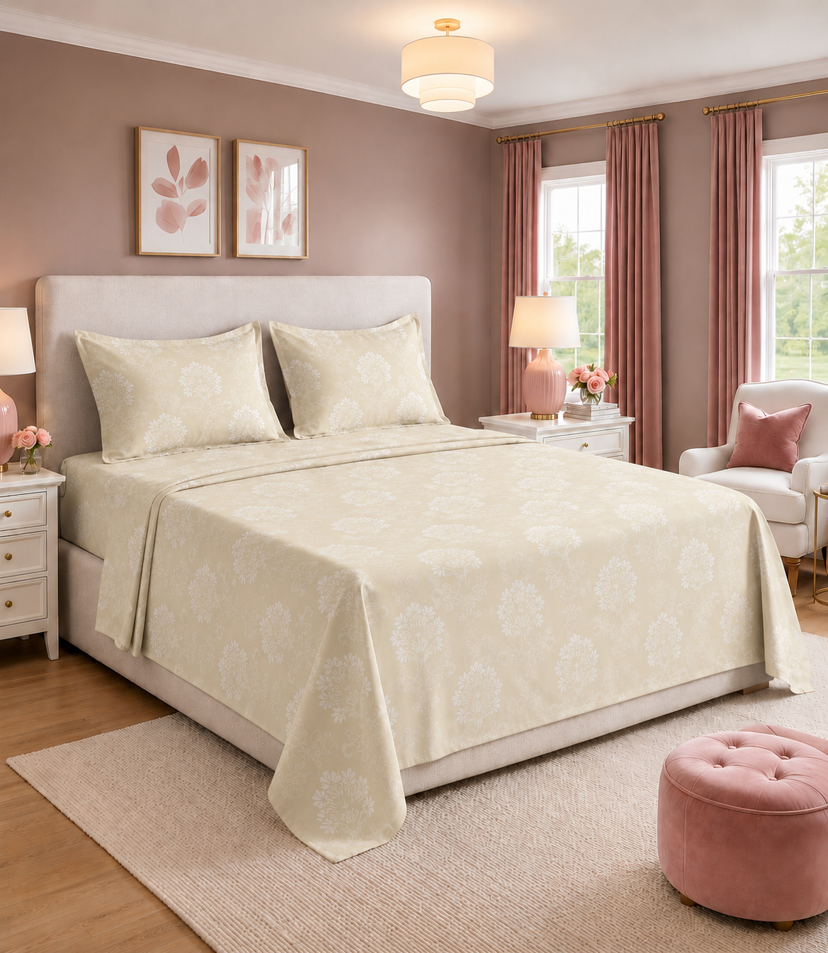 Elite Weave Ivory Beige Floral Vine King Size Cotton Bedsheet – Timeless Elegance & Everyday Comfort