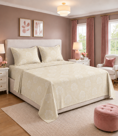 Elite Weave Ivory Beige Floral Vine King Size Cotton Bedsheet – Timeless Elegance & Everyday Comfort