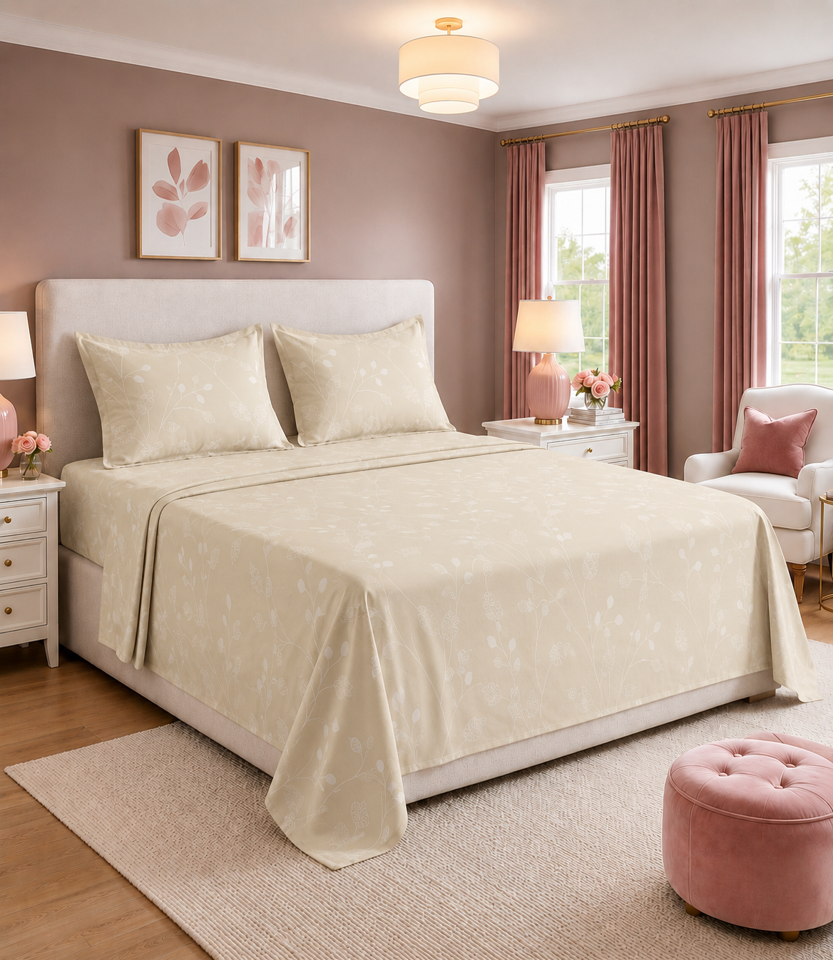 Elite Weave Ivory Botanical Vine King Size Cotton Bedsheet – Soft Elegance & Timeless Comfort