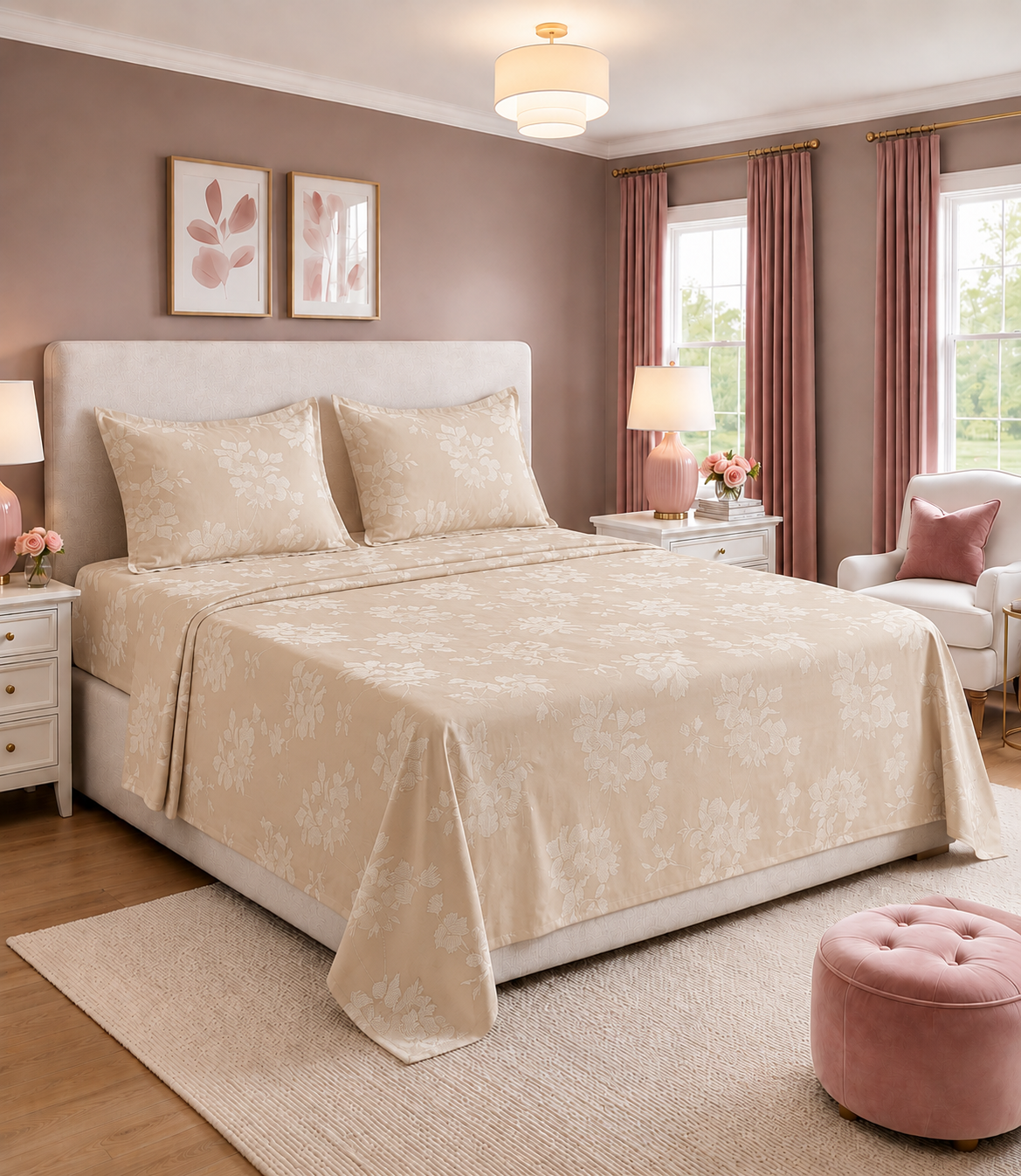 Elite Weave Beige Floral Blossom King Size Cotton Bedsheet – Elegant Charm & Everyday Comfort