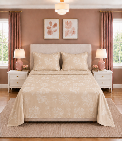 Elite Weave Beige Floral Blossom King Size Cotton Bedsheet – Elegant Charm & Everyday Comfort