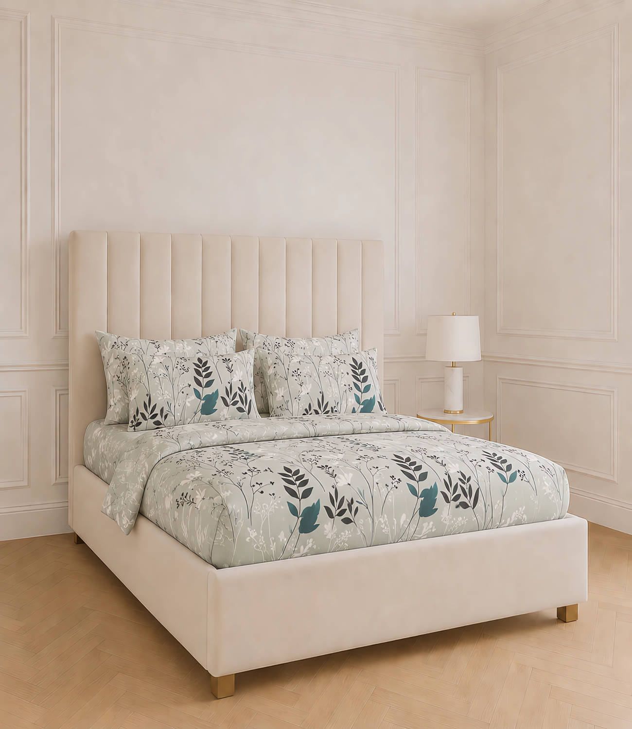 Cozy Cotton Sage Green Botanical King Size Cotton Bedsheet – Nature Inspired Premium Comfort