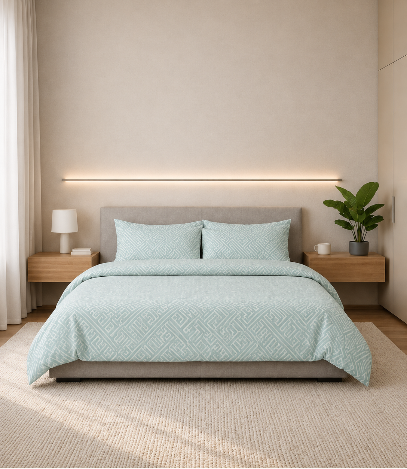 Dream World Mint Green King Size Cotton Bedsheet – Geometric Harmony Premium Comfort
