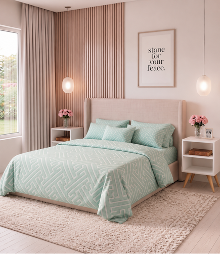 Dream World Mint Green King Size Cotton Bedsheet – Geometric Harmony Premium Comfort