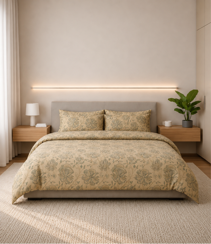 Dream World Beige Floral King Size Cotton Bedsheet – Vintage Garden Premium Comfort