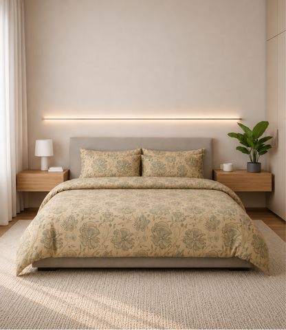 Dream World Beige Floral King Size Cotton Bedsheet – Vintage Garden Premium Comfort