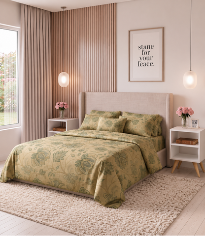 Dream World Beige Floral King Size Cotton Bedsheet – Vintage Garden Premium Comfort