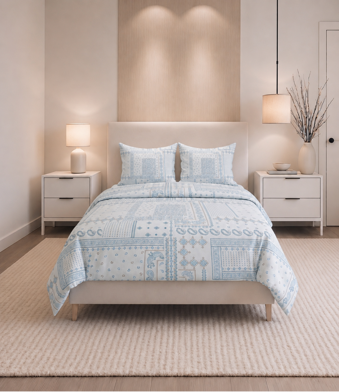 Soft Touch Sky Blue Patchwork King Size Cotton Bedsheet – Elegant Vintage Comfort & Everyday Softness