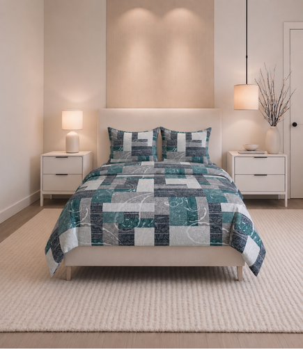 Soft Touch Teal Geometric Patchwork King Size Cotton Bedsheet – Contemporary Style & Everyday Comfort