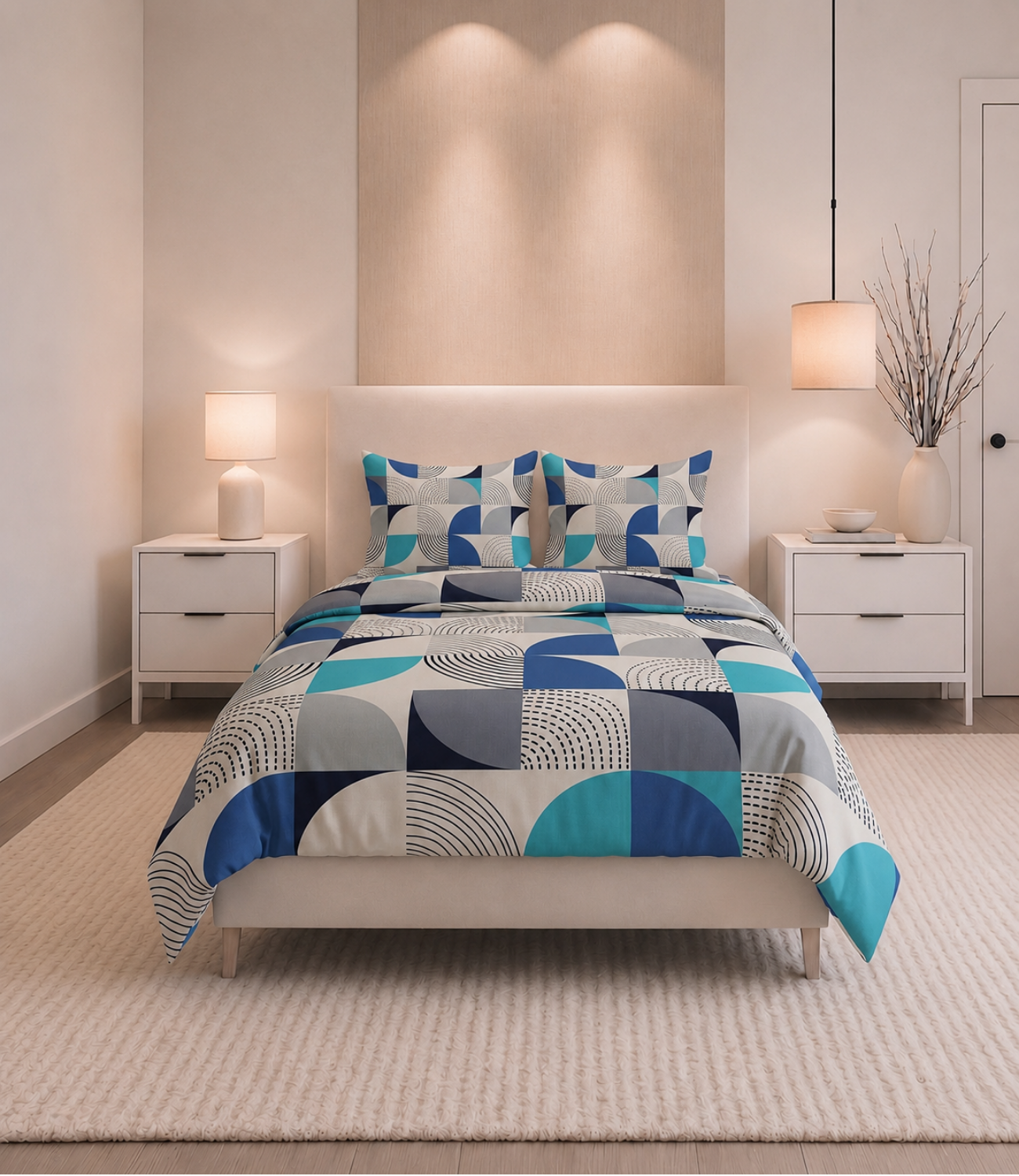 Soft Touch Blue Geometric King Size Cotton Bedsheet – Modern Style & Everyday Comfort