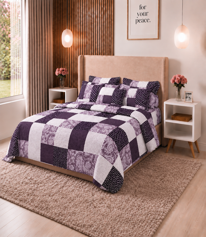 Arizona Plum Mosaic King Size Cotton Bedsheet – Contemporary Patchwork Elegance