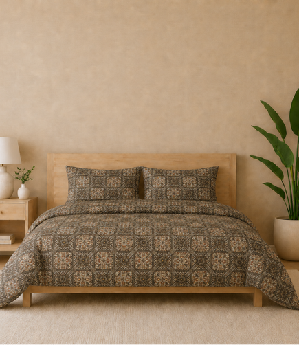 Gracious Walnut Brown Geometric King Size Cotton Bedsheet – Heritage Mosaic Premium Comfort