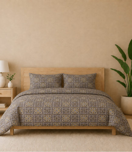 Gracious Taupe Mosaic King Size Cotton Bedsheet – Elegant Geometric Premium Comfort