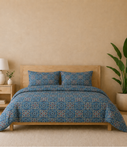 Gracious Royal Blue Mosaic King Size Cotton Bedsheet – Heritage Tile Premium Comfort