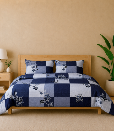 Gracious Navy Blue Checkered King Size Cotton Bedsheet – Contemporary Floral Premium Comfort