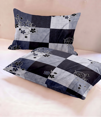 Gracious Navy Blue Checkered King Size Cotton Bedsheet – Contemporary Floral Premium Comfort