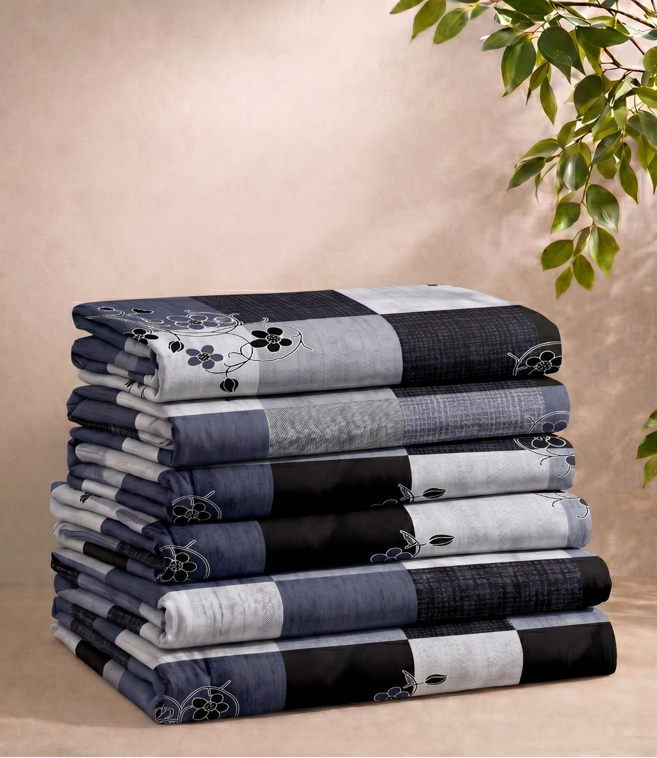 Gracious Navy Blue Checkered King Size Cotton Bedsheet – Contemporary Floral Premium Comfort