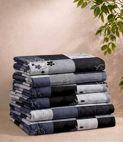 Gracious Navy Blue Checkered King Size Cotton Bedsheet – Contemporary Floral Premium Comfort