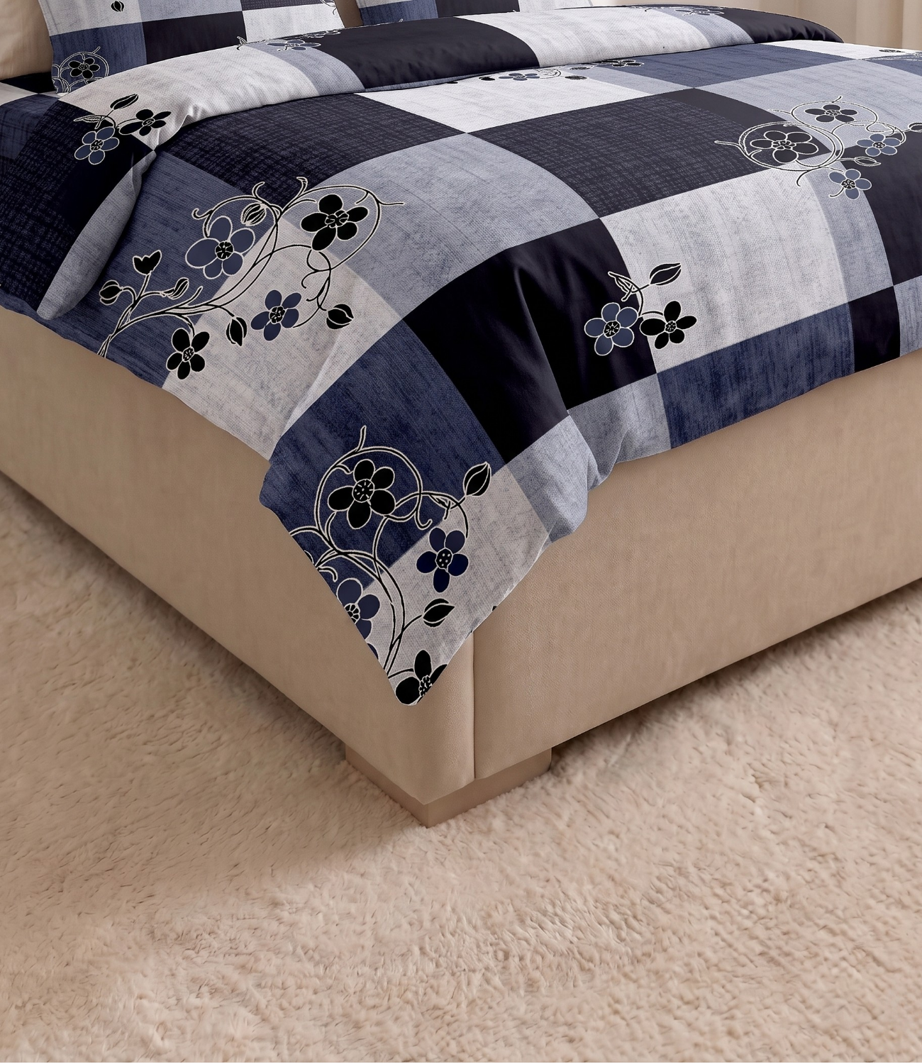Gracious Navy Blue Checkered King Size Cotton Bedsheet – Contemporary Floral Premium Comfort