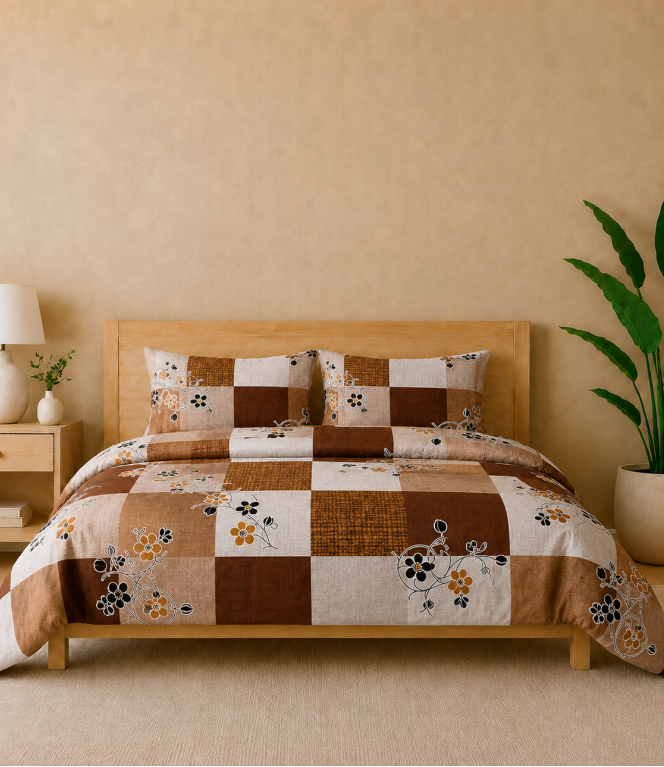 Gracious Mocha Brown Checkered King Size Cotton Bedsheet – Floral Harmony Premium Comfort