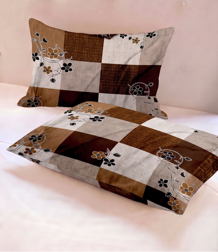 Gracious Mocha Brown Checkered King Size Cotton Bedsheet – Floral Harmony Premium Comfort