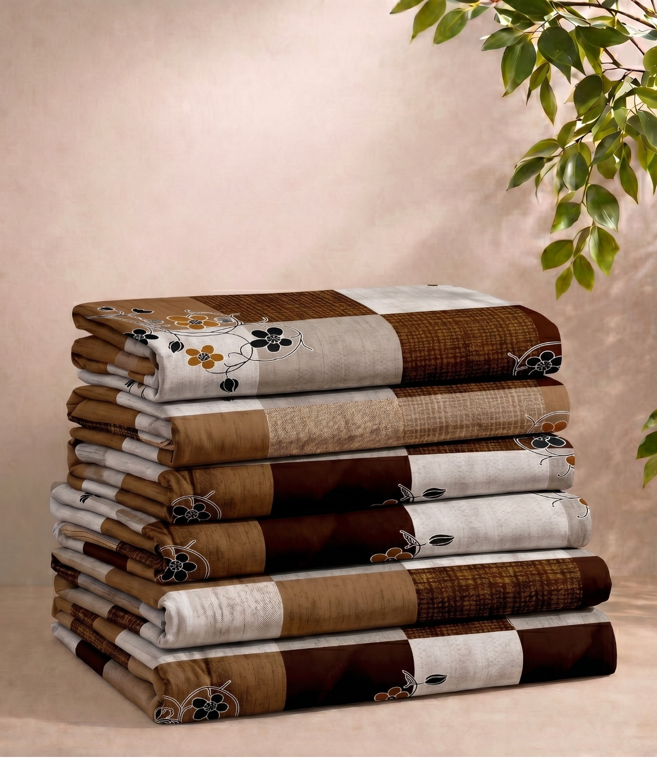 Gracious Mocha Brown Checkered King Size Cotton Bedsheet – Floral Harmony Premium Comfort