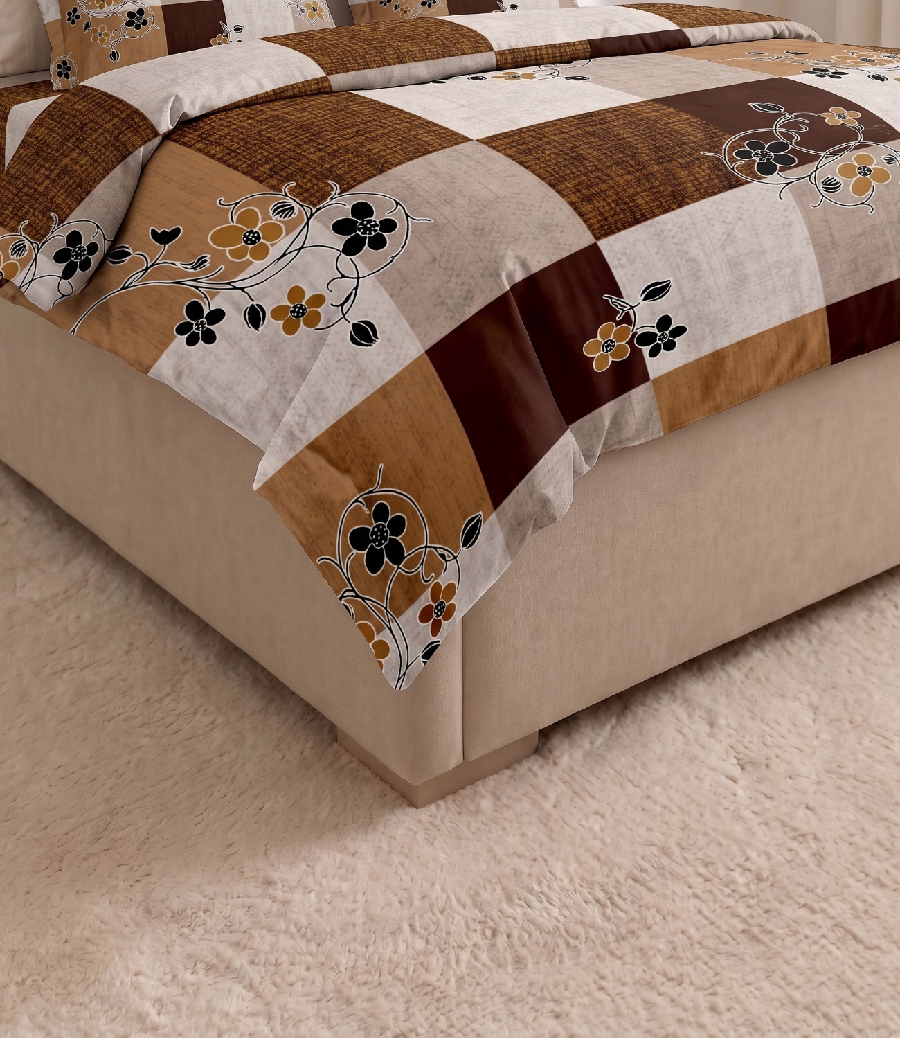 Gracious Mocha Brown Checkered King Size Cotton Bedsheet – Floral Harmony Premium Comfort