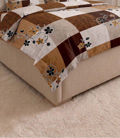 Gracious Mocha Brown Checkered King Size Cotton Bedsheet – Floral Harmony Premium Comfort