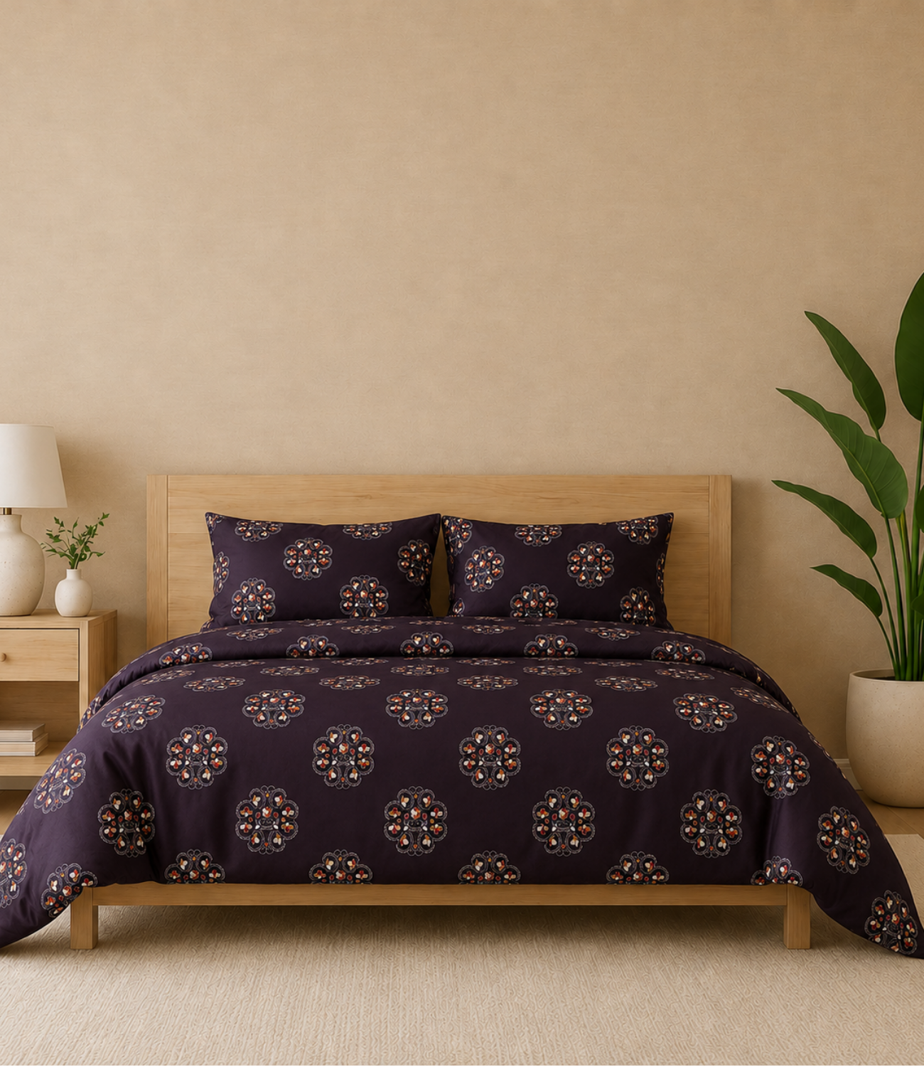 Gracious Midnight Plum Floral King Size Cotton Bedsheet – Elegant Ethnic Motif Collection