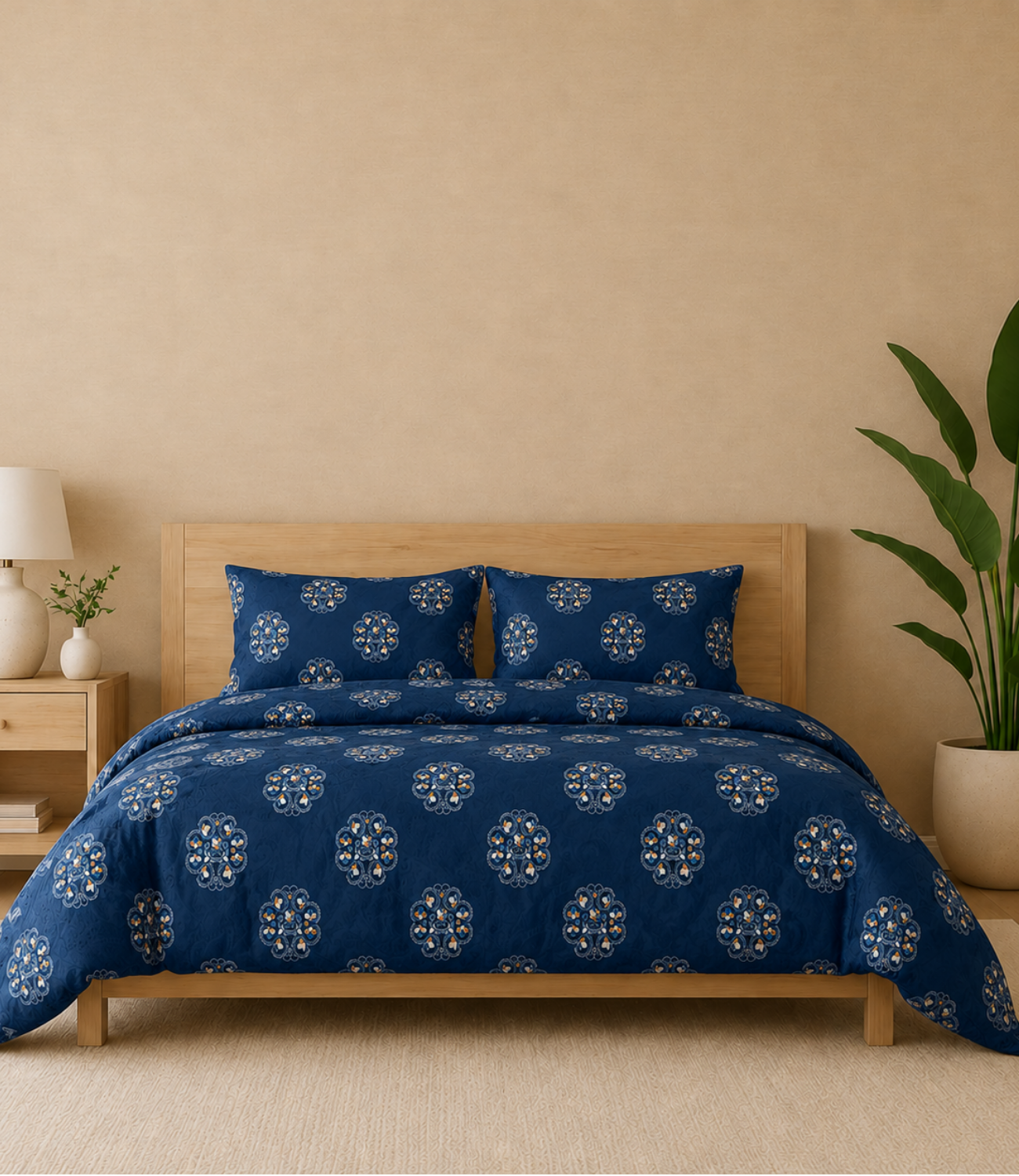Gracious Royal Blue Floral Medallion King Size Cotton Bedsheet – Elegant Heritage Collection