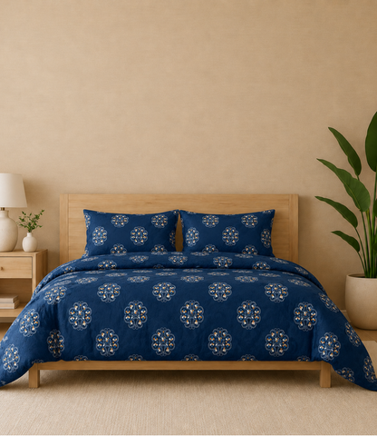Gracious Royal Blue Floral Medallion King Size Cotton Bedsheet – Elegant Heritage Collection