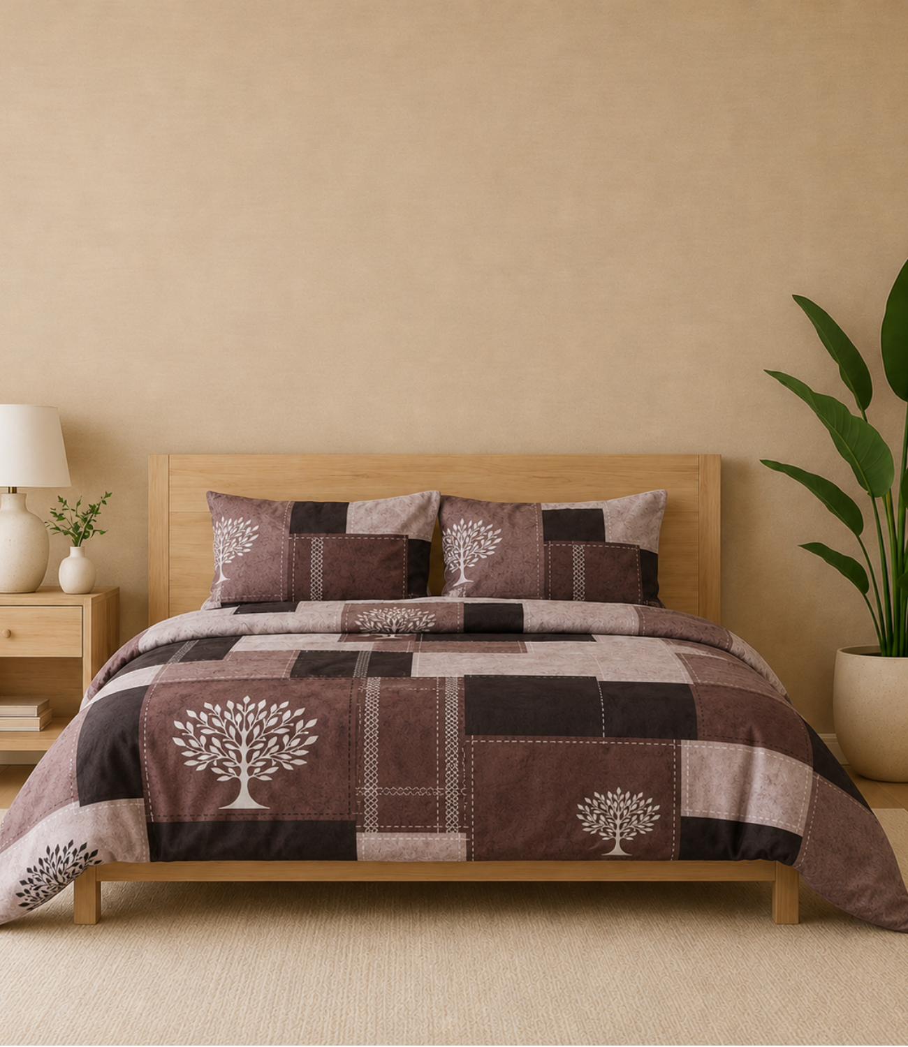 Gracious Mocha Patchwork Tree King Size Cotton Bedsheet – Rustic Elegance Collection